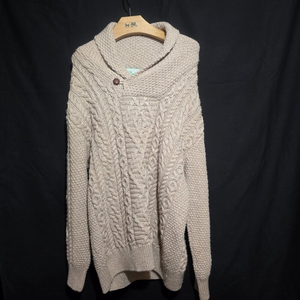 Orig Aran Co 100%New Merino Wool Men's 1 Button Shawl Collar Fisherman Sweater M
